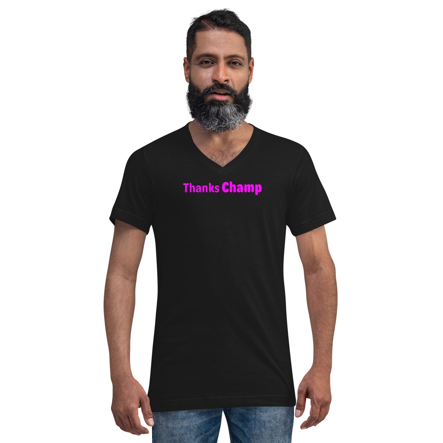 Thanks Champ - Magenta Text - Mens V-Neck T-Shirt